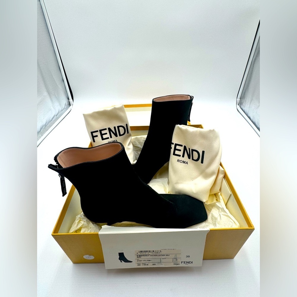Fendi Black Suede Ankle Boots Logo Zip Heel Booties NWT Box IT 35